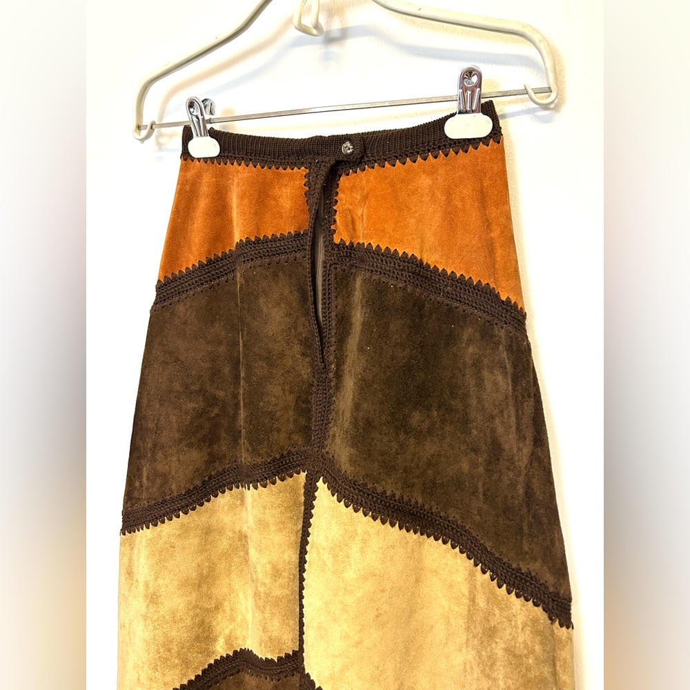 VTG 70s Saks Fifth Avenue Patchwork Suede Maxi Skirt Boho Hippie Chevron Small - Picture 8 of 16